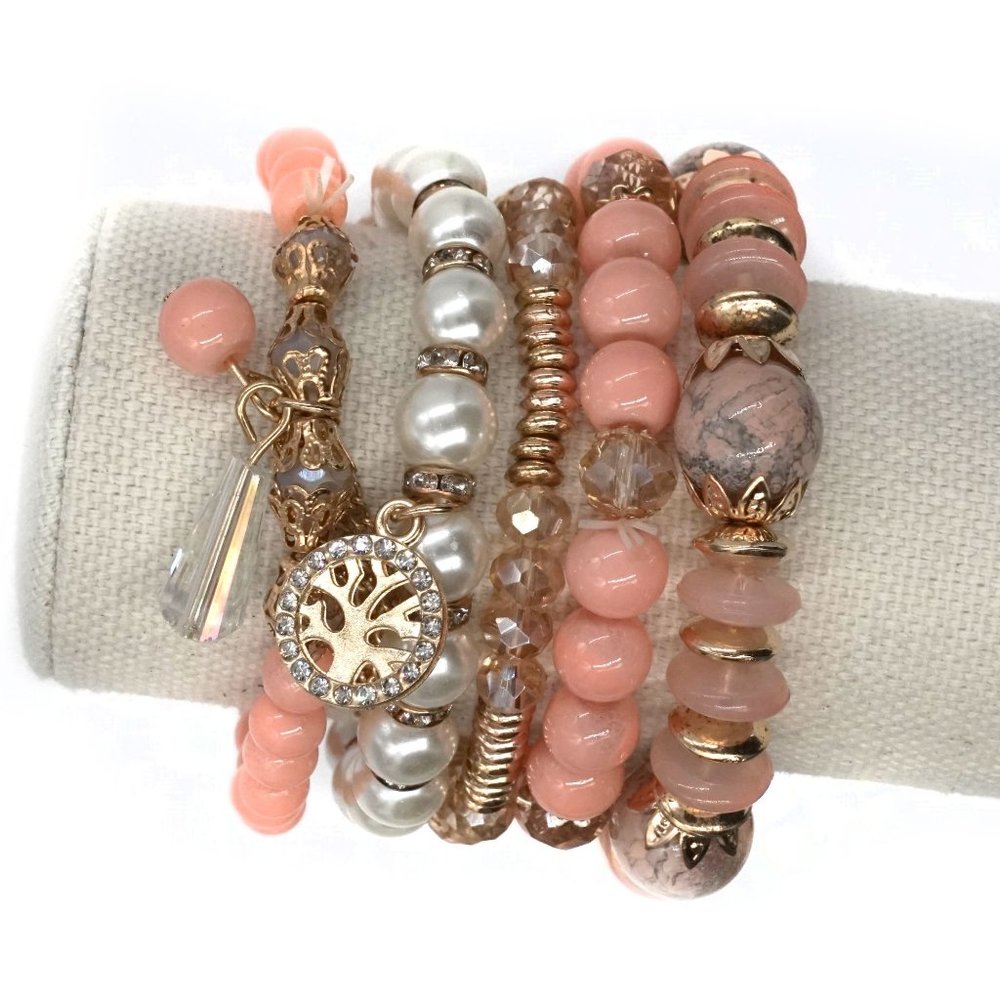 Bracelet Coral Color Beads Five strands Charms - Picture 2 of 4